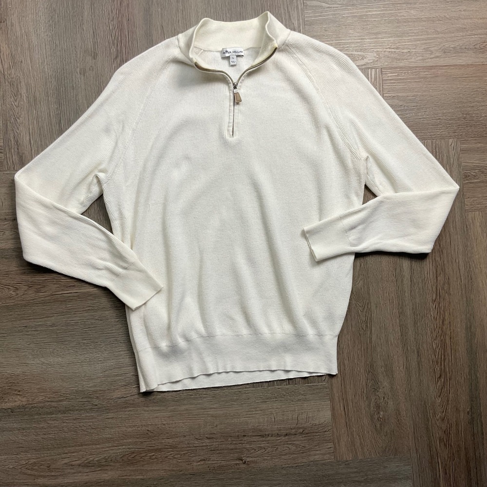 Peter Millar Sweater Mens Large Cream Pima Cotton Silk Cashmere Quarter Zip Golf